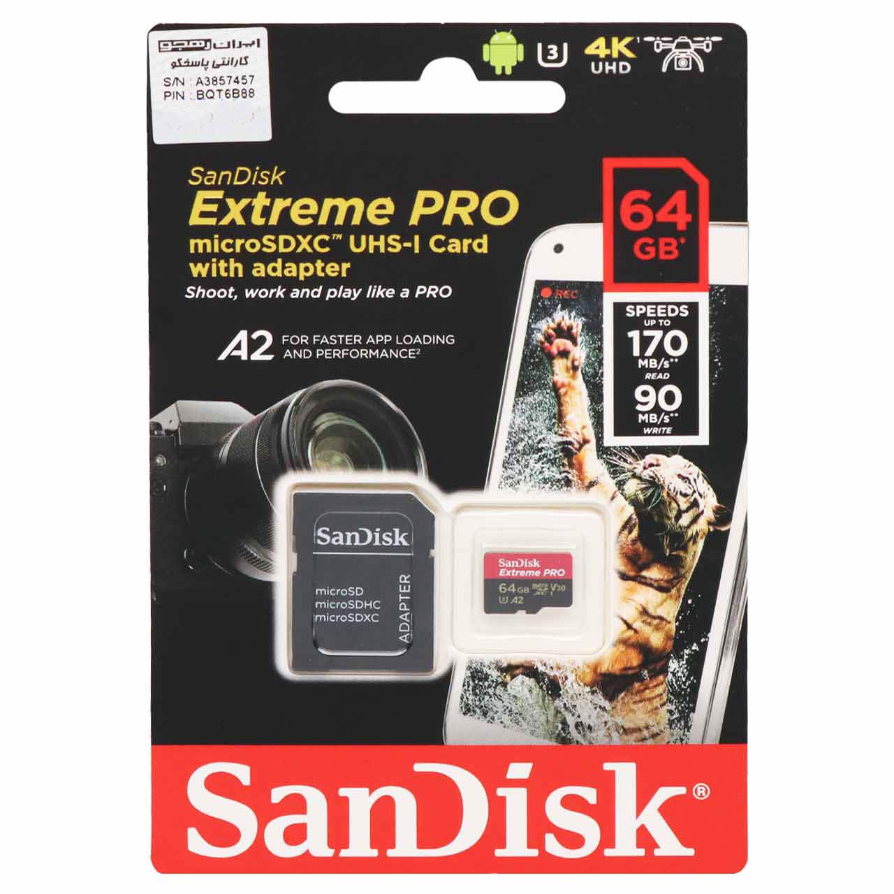 کارت حافظه microSDXC سن دیسک 64 گیگابایت مدل Extreme PRO microSDXC & adapter UHS-I U3 A2 Class10 (170MB/S)