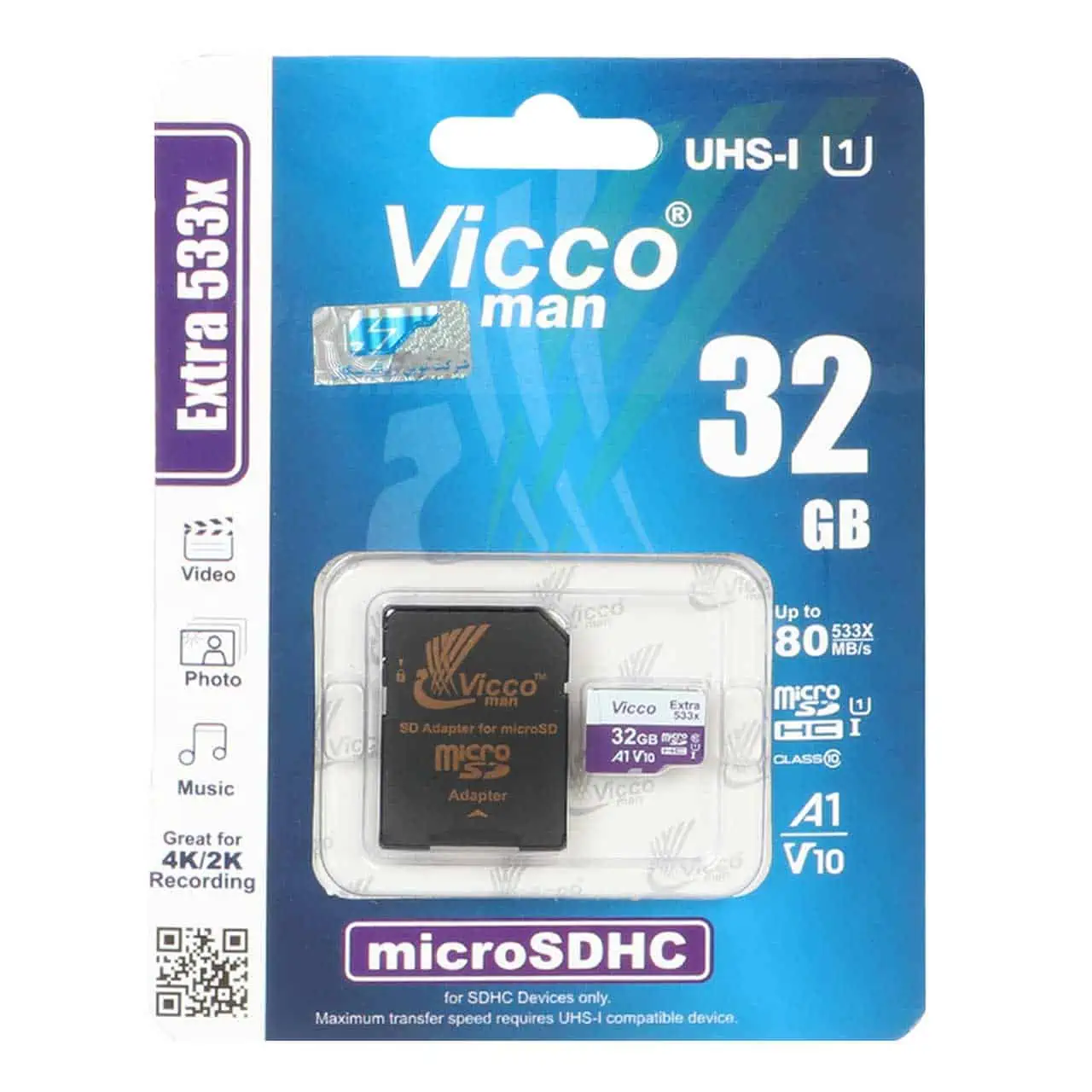 کارت حافظه MicroSDHC & adaptor ویکومن مدل Extra 533X UHS-I U1 کلاس 10 سرعت 80MB/s ظرفیت 32 گیگابایت