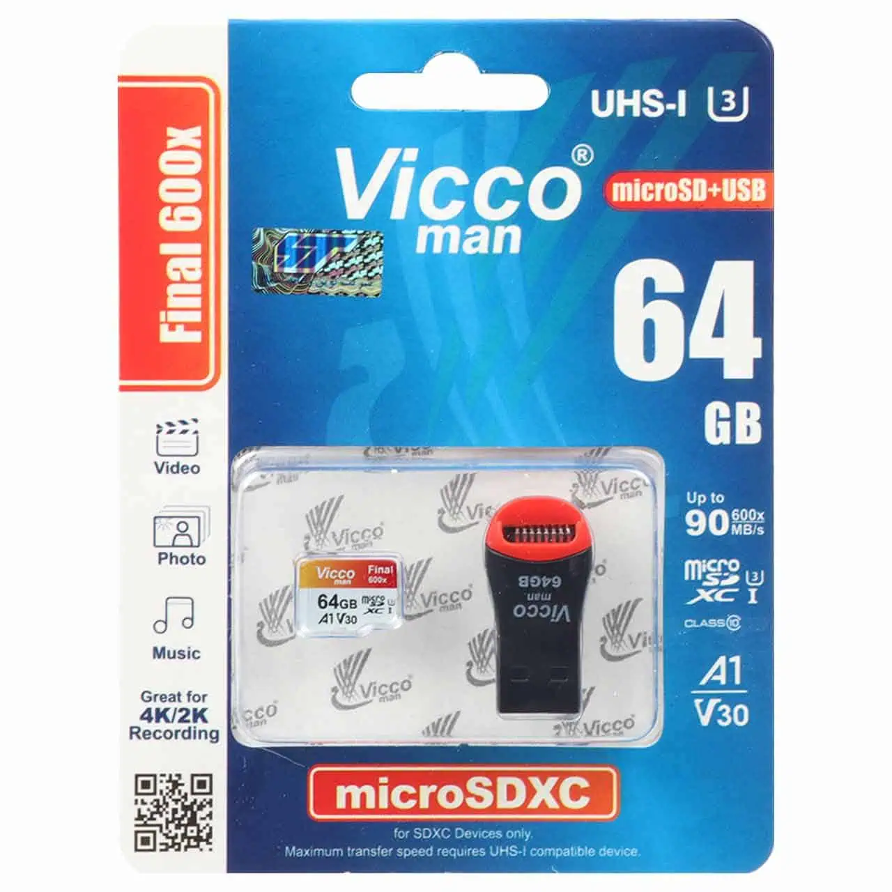 کارت حافظه ViccoMan ویکو من 64 گیگابایت مدل  Micro SDHC Final 600X V30 UHS-I U3