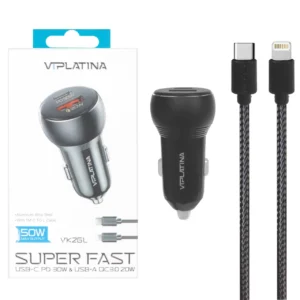 شارژر فندکی (PD و فست-دو پورت) وی آی پلاتینا 50وات مدل VK26L به همراه کابل شارژ Type-C To Lightning – مشکی